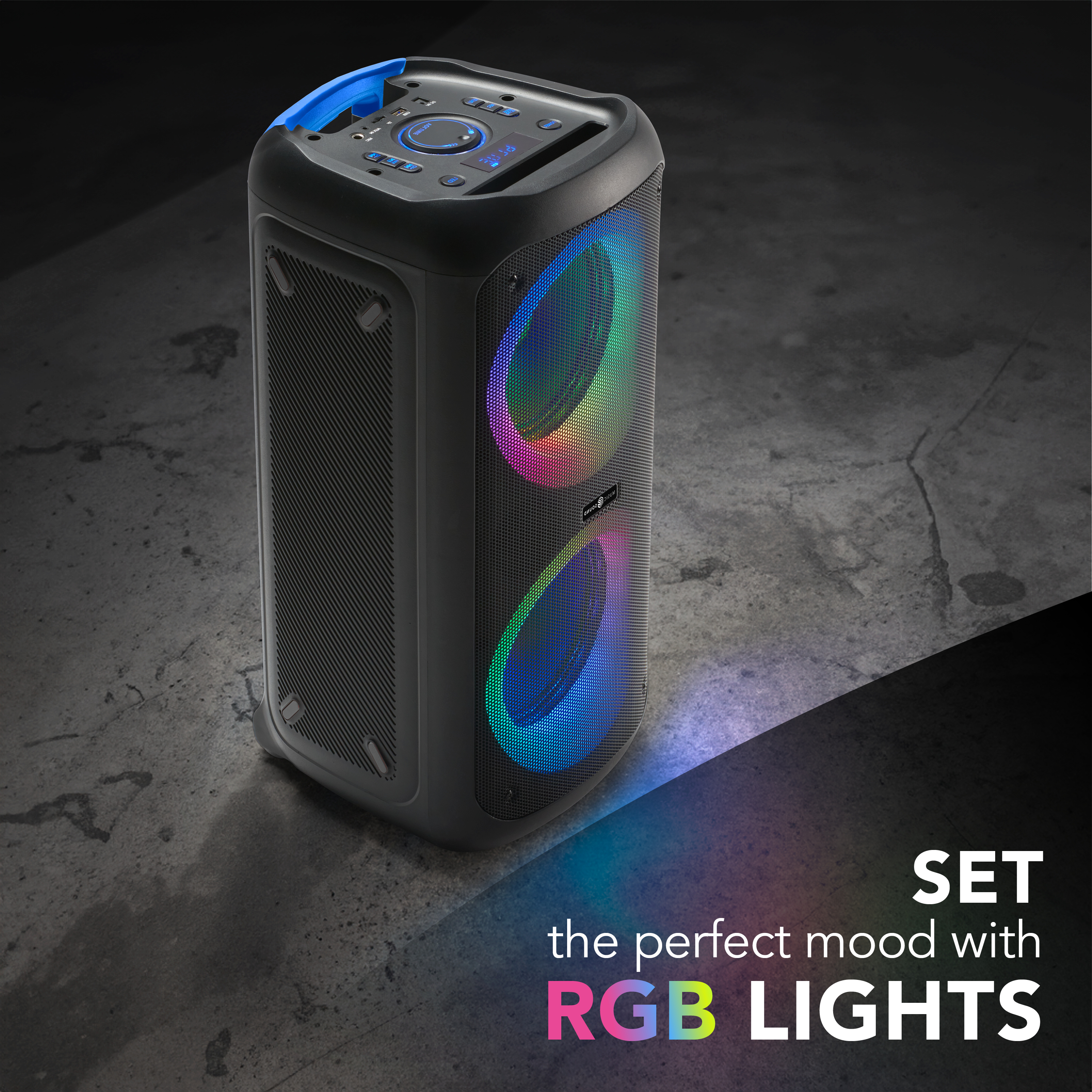 Bluetooth-Lautsprecher mit 80 W Leistung und RGB-Licht.