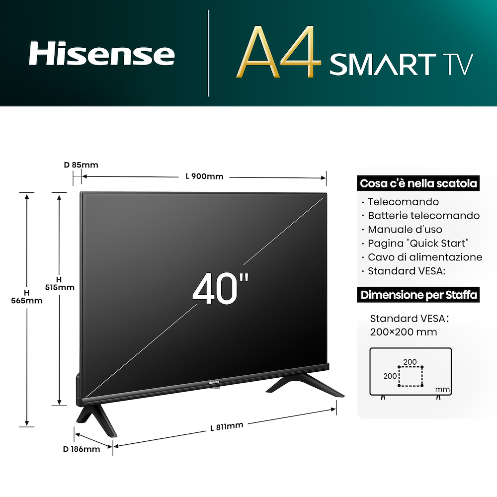 TV LED 40" Hisense FHD DVBT2/S2 SMART VIDAA.