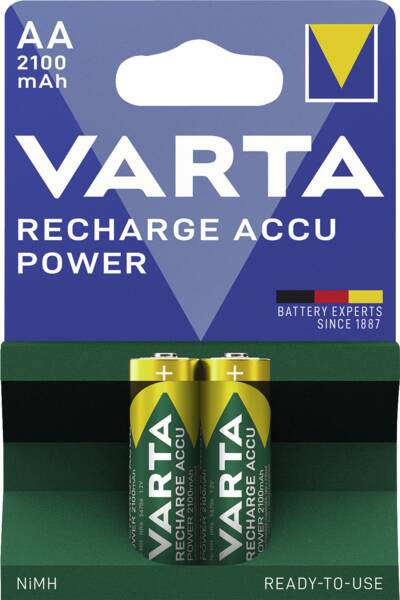 Mignon-Akku (AA), Ni-MH, vorgeladen, 1,2 Volt Spannung, 2.100 mAh Kapazität.