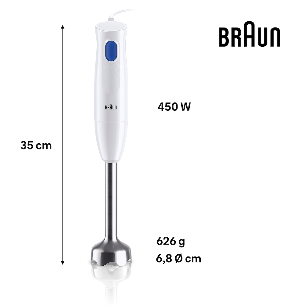 Stabmixer Braun, Edelstahlfuß, 450 Watt Leistung mit Alles Zerkleinerer.