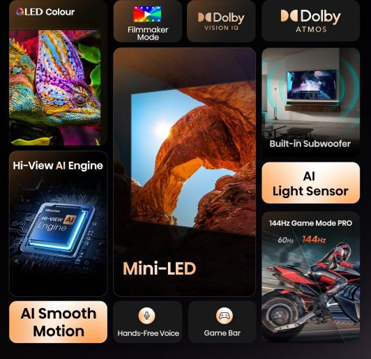 Fernseher 55 Zoll Hisense 4K MIni-LED Smart TV.