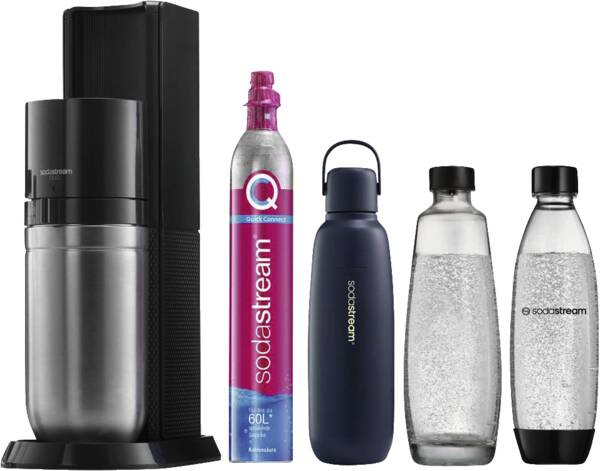 DUO Wassersprudler Titan + Doppelwandige Metallfl. Fizz&blau.